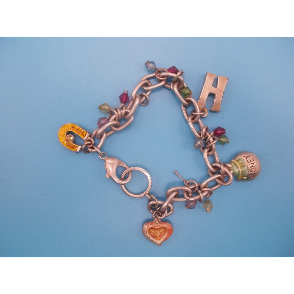 Silver Multi Charm Bracelet Horseshoe Letter H Honey Pot Heart 7.5 Inch